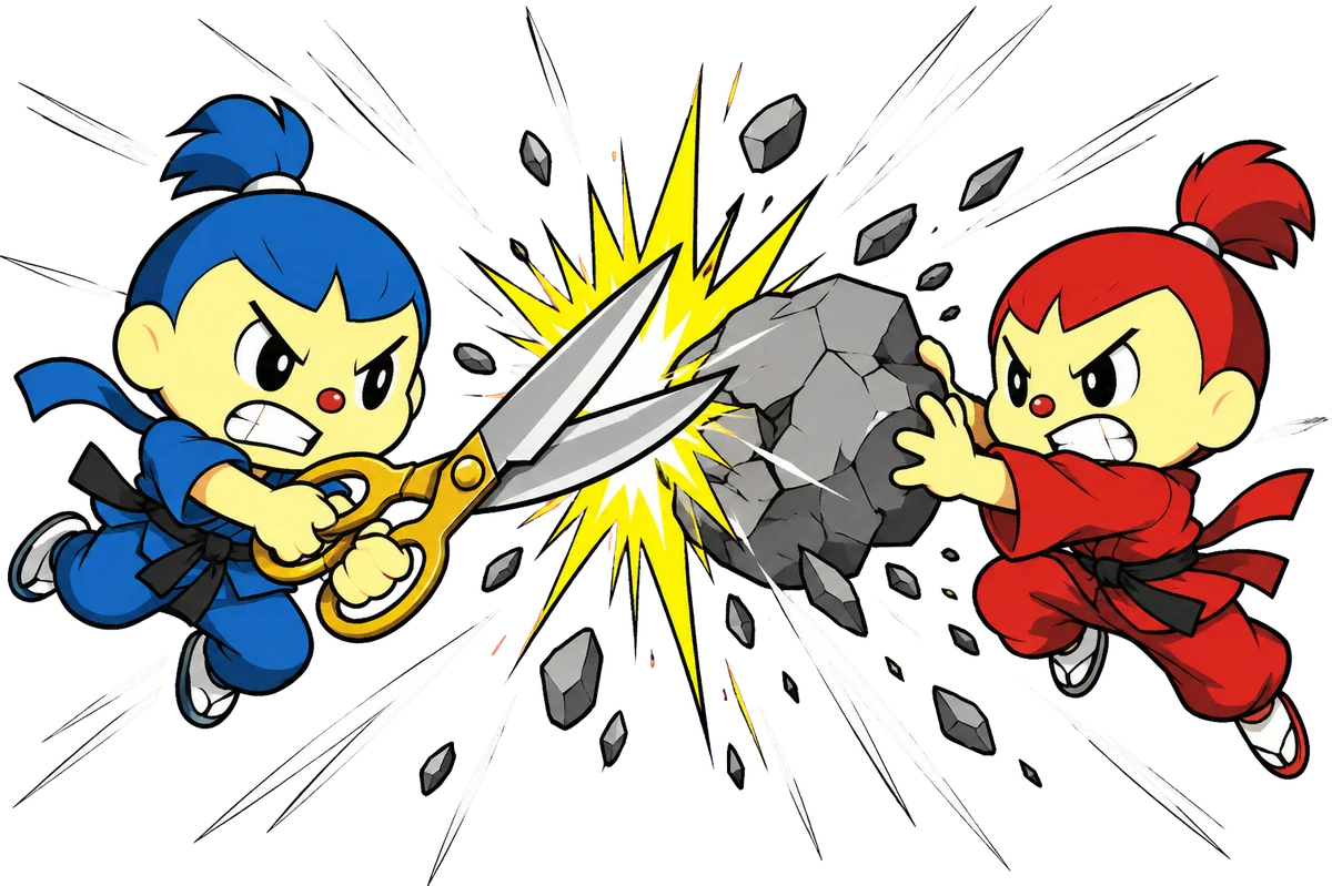 A blue warrior swings giant scissors into a rock thrown by a red warrior